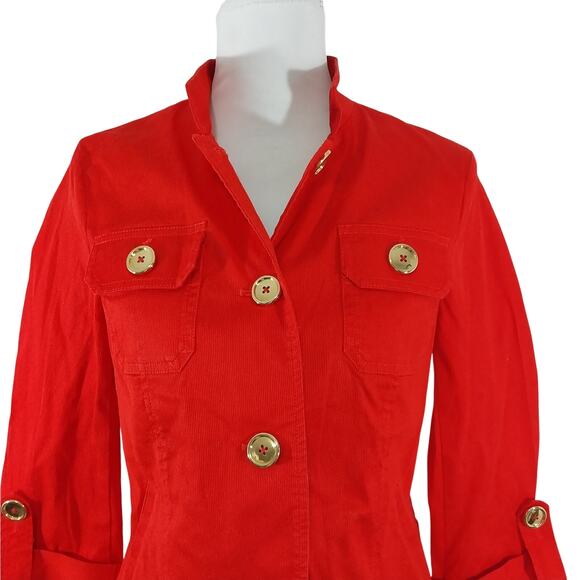 JONES NEW YORK! RICH RED STRETCH, GOLD BUTTON JEAN JACKET STYLE BLAZER! SZ S - Picture 4 of 9